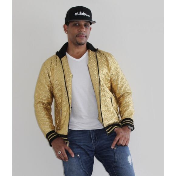Men’s Inc Macy’s Gold Chevron Print Bomber Jacket size Small - Picture 2 of 9